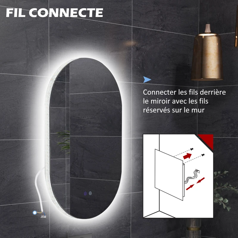 kleankin Ovaler wandmontierter LED-Badezimmerspiegel 91 x 61 cm 3 Farben einstellbare Helligkeit Touchschalter transparent