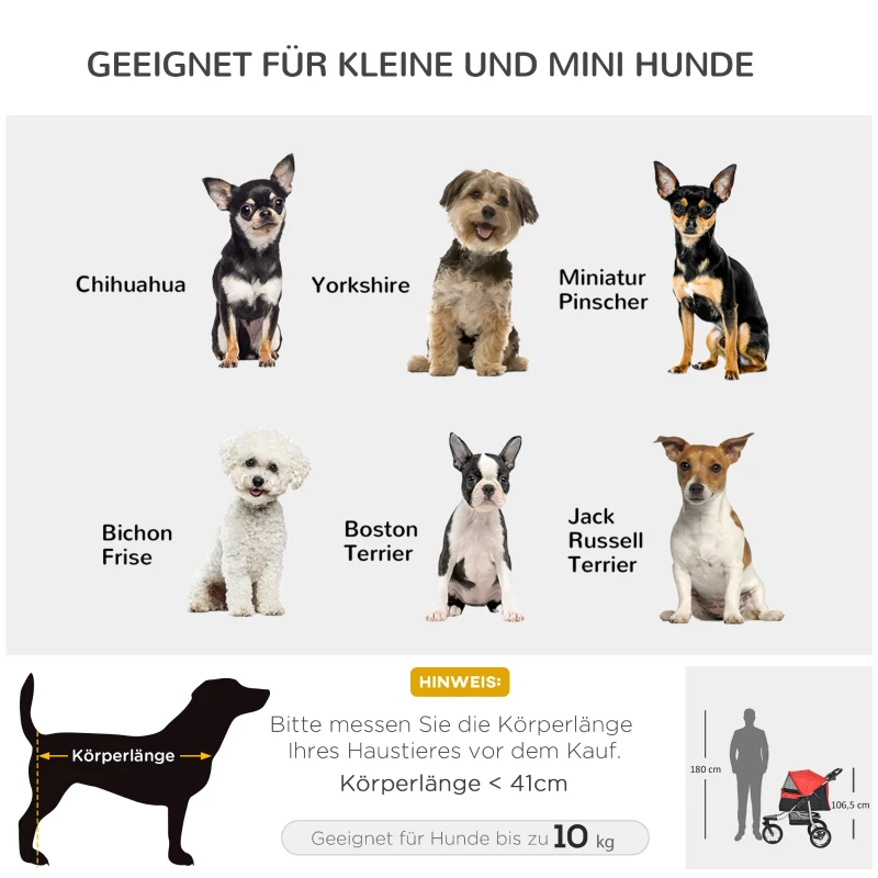 PawHut Chariot pour Chiens Chariot de Compagnie avec 3 Roues Pliant pour Chiens Chats en Tissu Oxford Rouge + Noir 109,5 x 54,5 x 106,5 cm