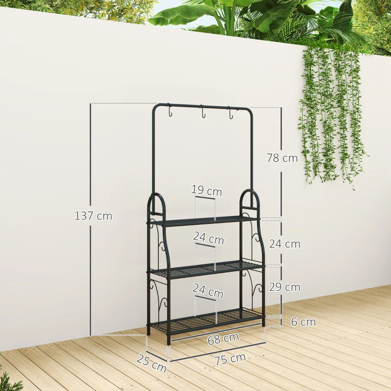 Outsunny Suporte para Plantas de 3 Níveis Suporte para Vasos de Plantas com Ganchos de Metal Barra para Pendurar 75x25x137 cm Preto
