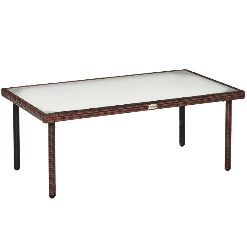 Outsunny Gartencouchtisch mit 5 mm dickem gehärtetem Glasplateau Kunststoffgeflecht in Rattanoptik braun