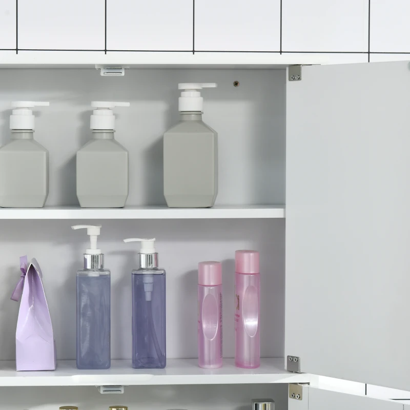 kleankin Wandspiegelschrank mit Spiegel für das Badezimmer - Hochschrank mit Spiegel - Toiletten-Aufbewahrungsschrank - 4 Türen, Regal - Weißes MDF-Glas