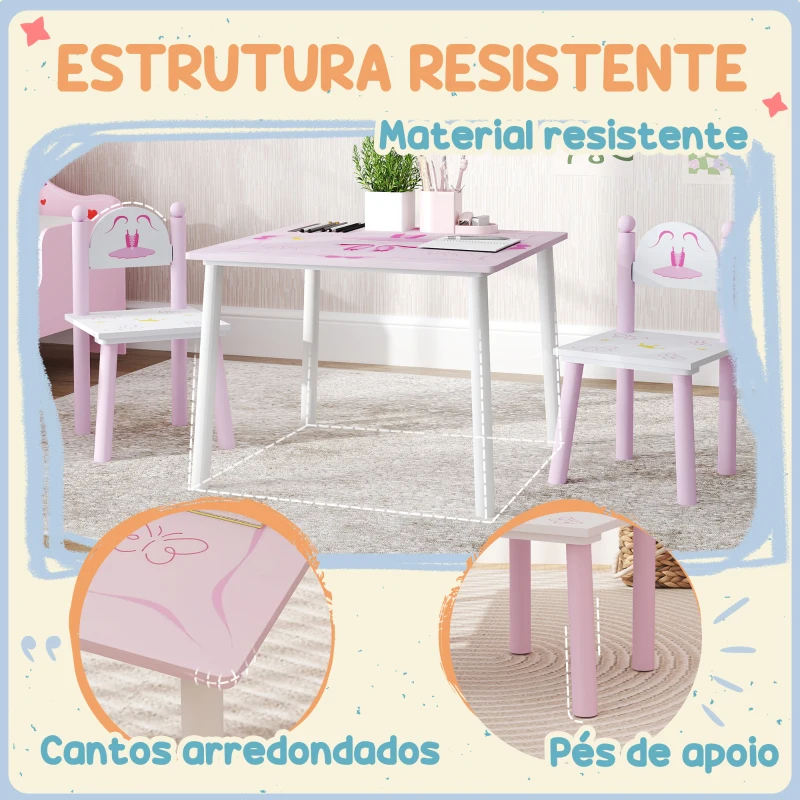 AIYAPLAY Mesa e Cadeiras para Crianças Conjunto de 3 Peças com Mesa Cadeiras Infantil Estilo Princesa pRosa e Branco