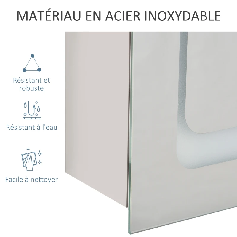 kleankin Wandmontierter Spiegelschrank mit LED-Beleuchtung fürs Badezimmer - 2-in-1-Möbel - 3 Regale - 50B x 12,5T x 70H cm