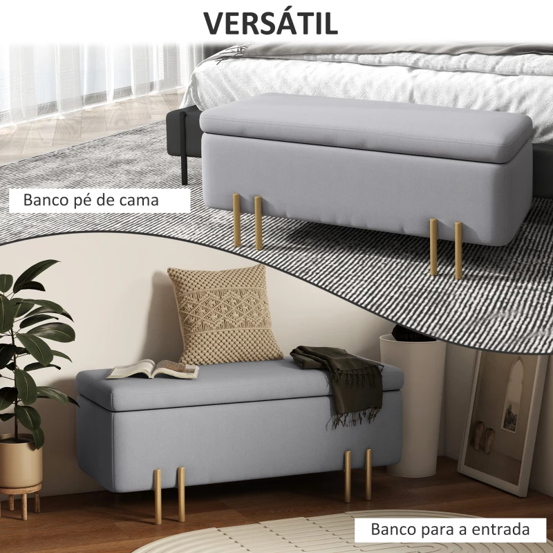 HOMCOM Banco Pé de Cama para Dormitório 70L em Veludo Pés de Metal para Entrada Sala de Estar 100x40x42 cm Cinza Claro