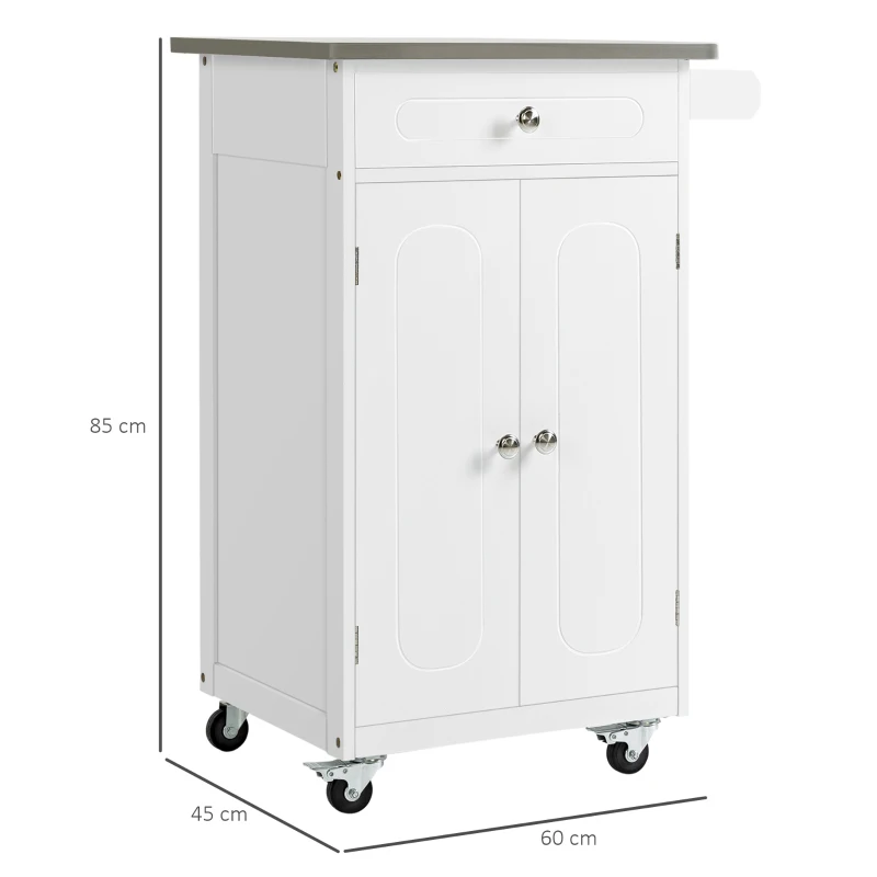 HOMCOM Küchenservice-Wagen mit Rollen, Mehrzweck-Storage, 1 Schublade, Doppelschrank mit 2 Türen und Regal, Handtuchhalter aus MDF in Weiß und Edelstahl