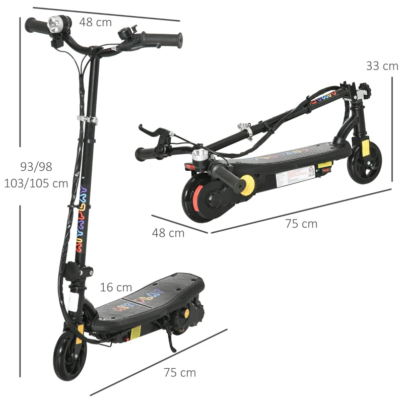 HOMCOM Elektrischer Tretroller 120 W klappbar für Kinder 7-14 Jahre 12 km/h max. Reichweite 10 km max. Schwarz