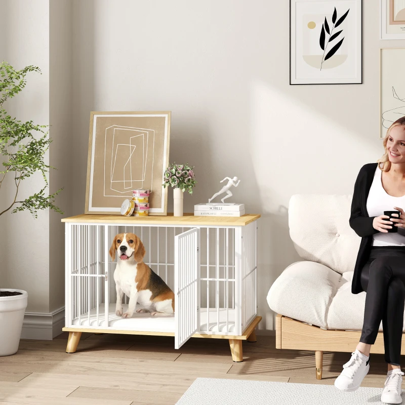 PawHut Cage pour Chien avec Porte Verrouillable, Coussin Amovible, Bonne Ventilation, Acier, 86x60x70 cm, Blanc+Chêne