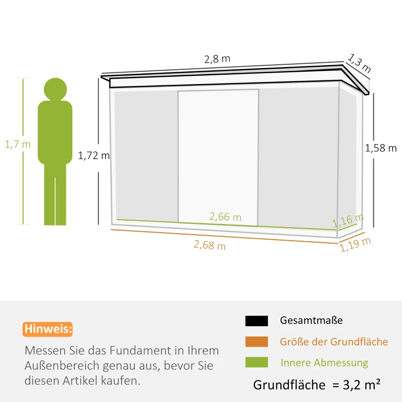 Outsunny Abri de Jardin, Cabane de Jardin, Abri de Rangement avec Porte Coulissante, Fenêtre de Ventilation, Toit en Pente, Extérieur, Acier, Vert Foncé, 280 x 130 x 172 cm