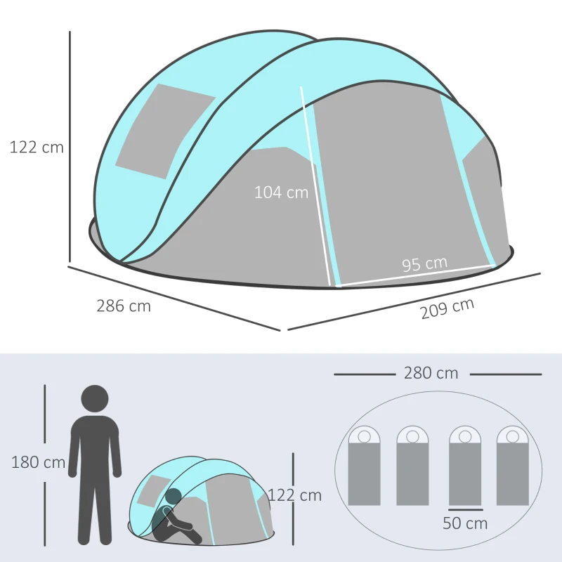 Outsunny Campingzelt Pop-Up für 4 Personen, wasserdichtes Kuppelzelt, leicht und belüftet, einfach aufzubauen mit 2 Fenstern und 2 Türen, Transporttasche inklusive, Maße 286L x 209B x 122H cm, Polyester in Blau und Hellgrau