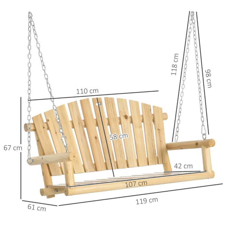 Outsunny Hängeschaukel Gartenbank 2 Personen aus massivem Holz mit Lamellensitz und -rückenlehne, mit Ketten natürlich