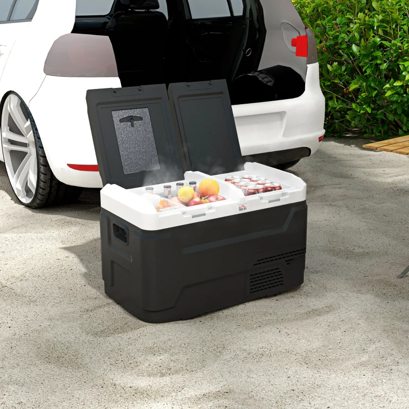 HOMCOM Tragbare elektrische Kühlbox mit 2 Zonen - Fassungsvermögen 40 L, LED-Licht, 12/24 V Gleichstrom und 100-240V Wechselstrom, bis zu -20°C