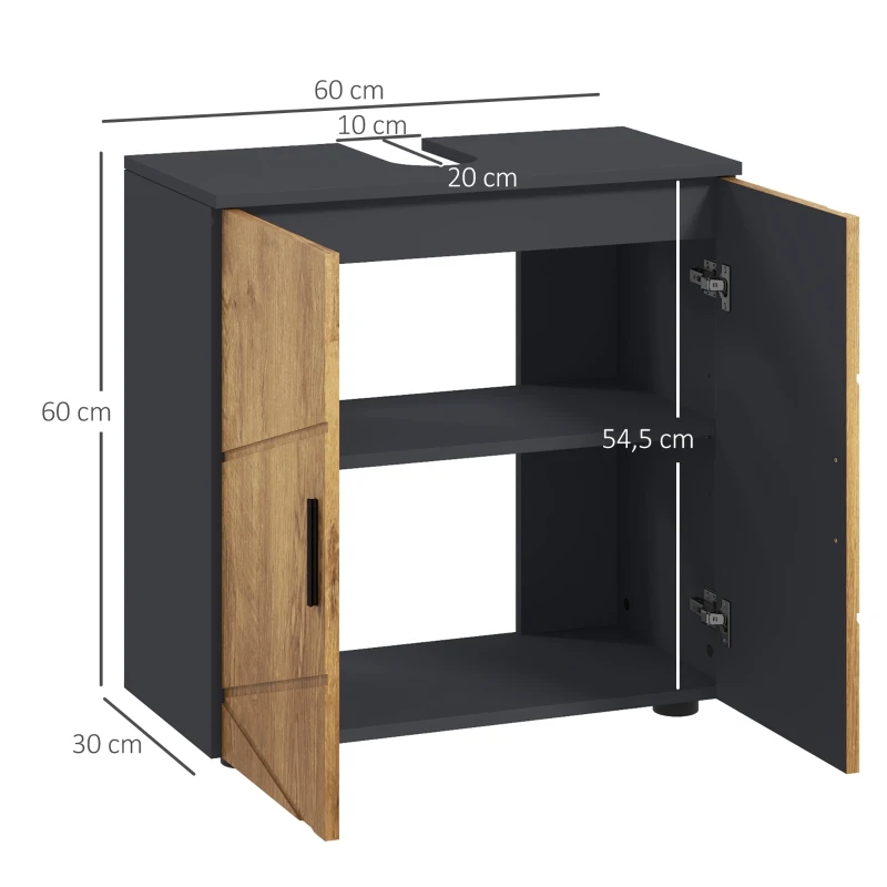 kleankin Waschbeckenunterschrank Waschtisch Badezimmermöbel 2 Türen mit Regal 60 x 30 x 60 cm Anthrazitgrau und Naturholzoptik