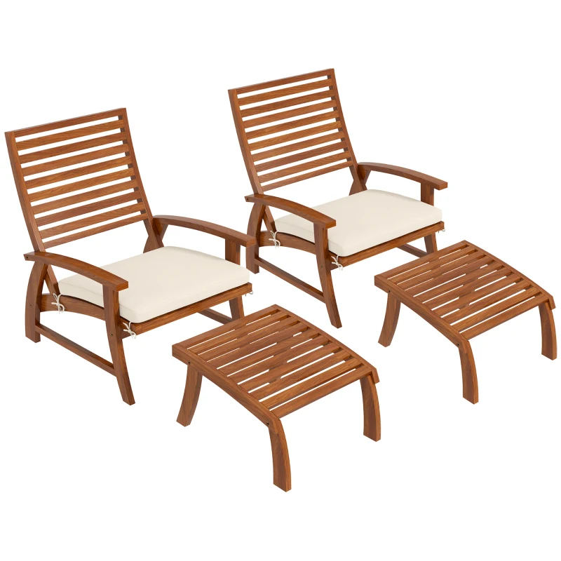 Outsunny Gartenstühle - Relaxstühle mit Fußhockern 2er Set - 4-teiliges Set aus Akazienholz mit cremefarbenen Kissen