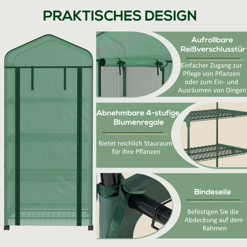 Outsunny Foliekas, Mini-kas, Plantenkas, Koude bak, 4 Plankschappen, 69 x 50 x 165 cm, Groen