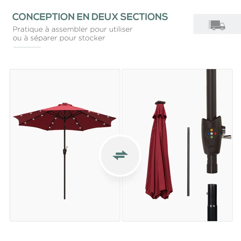 Outsunny Garten-Sonnenschirm Gerader Sonnenschirm Neigbarer oktogonaler ø 2,7 m LED-Solarsonnenschirm Metall Hochdichtes 180 g/m² Polyester Bordeaux Rot