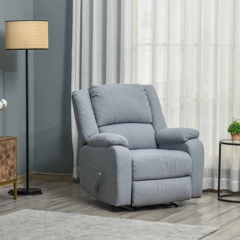 Fauteuil inclinable HOMCOM manuel avec fonction de relaxation, aspect lin, fauteuil TV avec poignée latérale, repose-pieds, supporte jusqu'à 150 kg, pour salon, gris clair