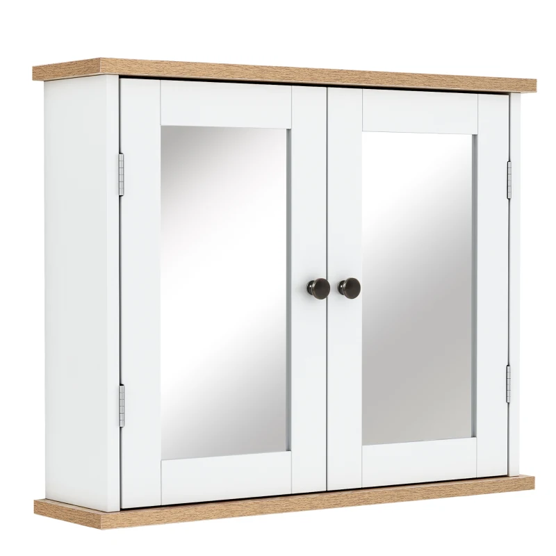 kleankin Wandspiegelschrank für Badezimmer 2 Ebenen mit 1 verstellbaren Regal und 2 Holztüren- Abm. 56B x 14T x 46H cm