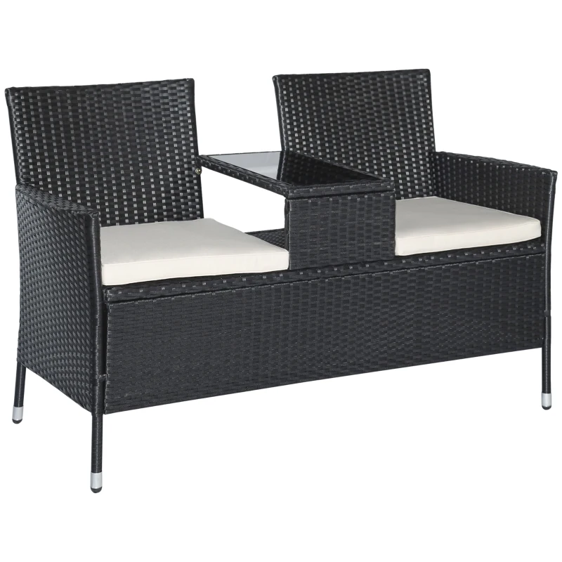 Outsunny Banc de Jardin en Rotin Synthétique Canapé de Jardin Banquette avec Table 2 Places en Acier Noir L133 x P63 x H84cm