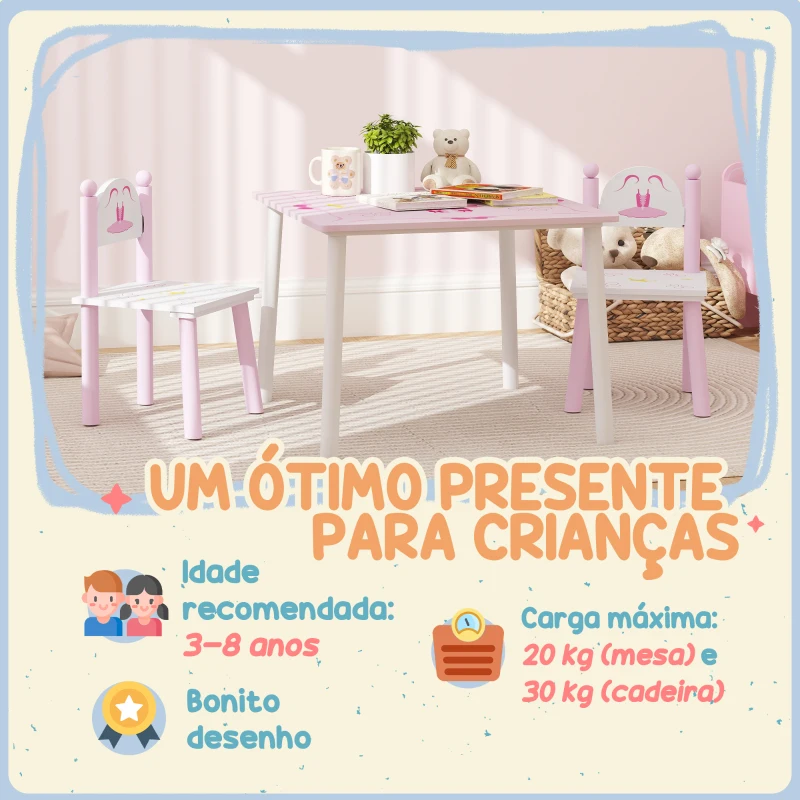 AIYAPLAY Mesa e Cadeiras para Crianças Conjunto de 3 Peças com Mesa Cadeiras Infantil Estilo Princesa pRosa e Branco