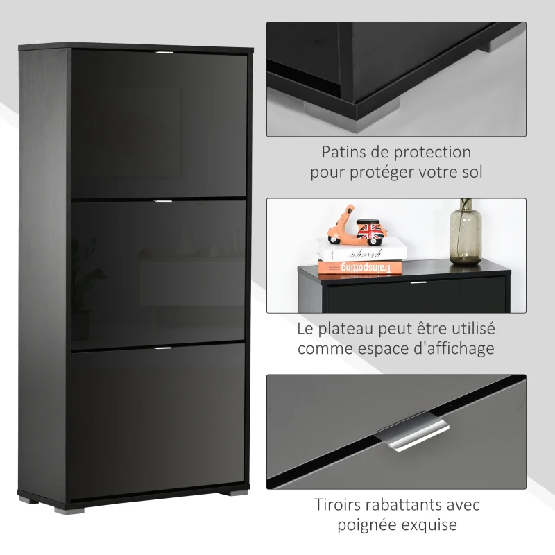 HOMCOM Schuhschrank Schuhkommode 3 aufklappbare Türen 3 Fächer Holz 60B x 26T x 124H cm Schwarz lackiert