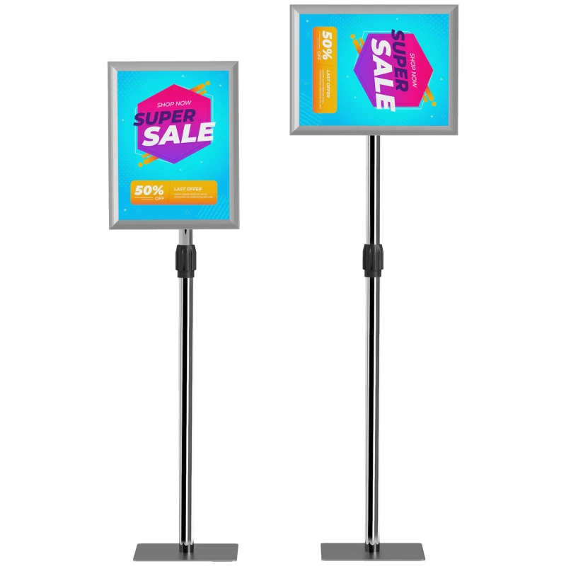 HOMCOM Suport Poster A3, Expozitor Publicitar de Podea cu Înălțime și Înclinare Reglabile, 40x30x129-135 cm, Argintiu