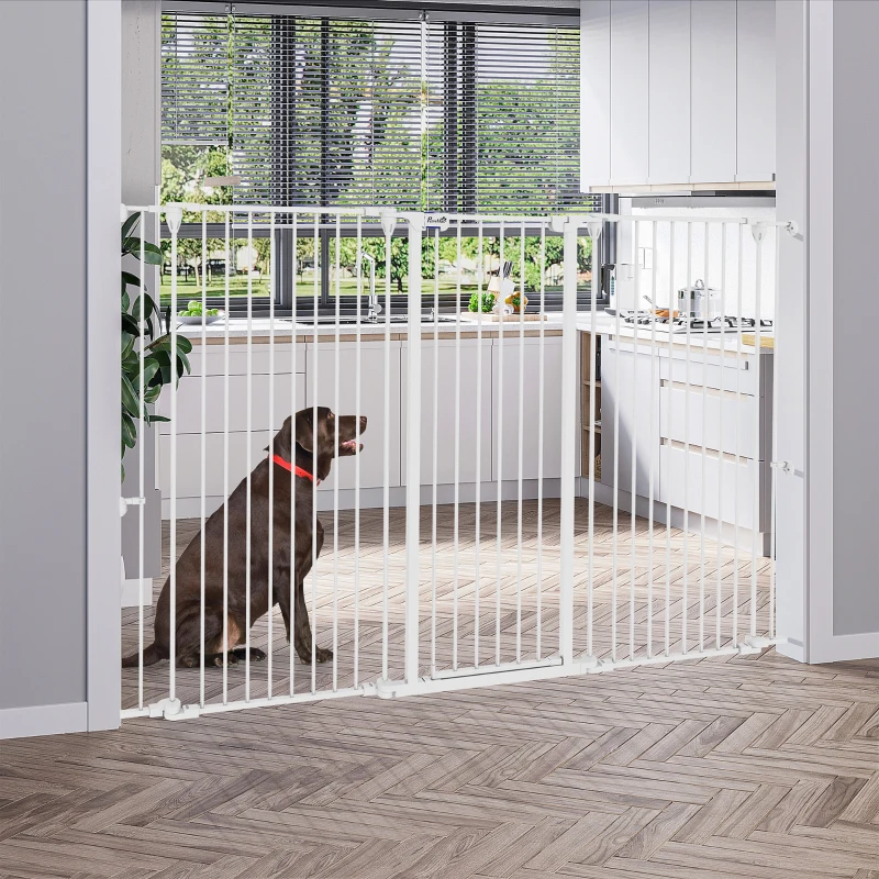PawHut Sicherheitsgitter für Hunde aus Stahl mit 3 Klapp-Panels, Doppelverriegelung und integrierter Tür für Türen und Treppen Weiß