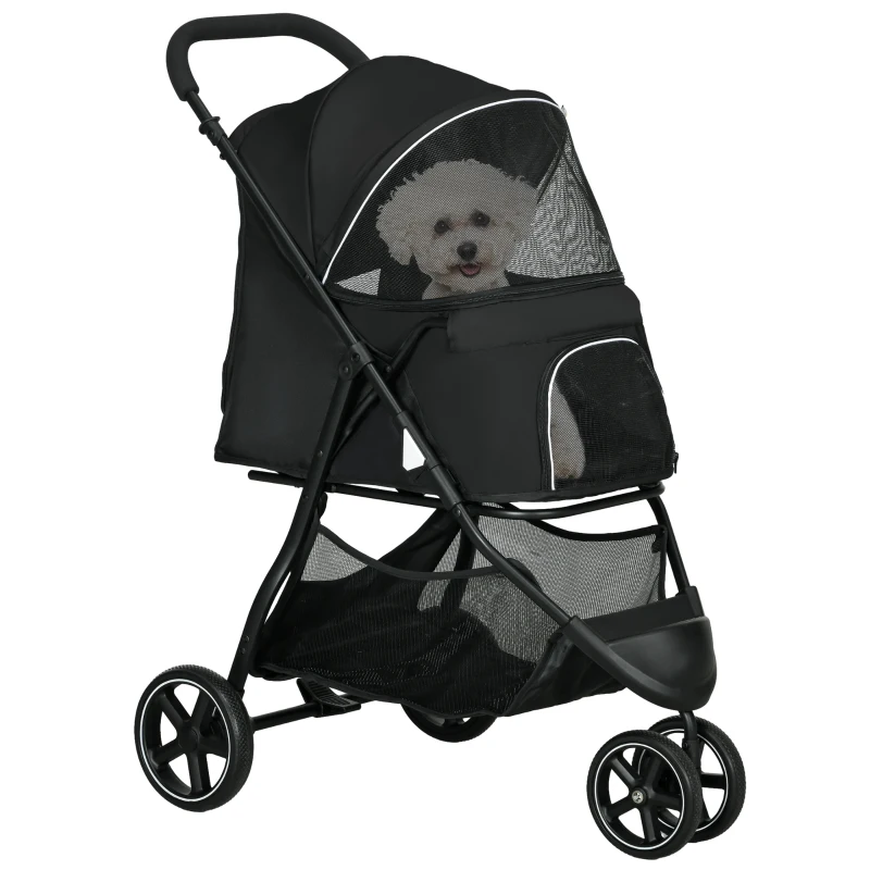 PawHut Hundebuggy Katzenbuggy Haustierkinderwagen zusammenklappbar 2 Leinen EVA-Räder verstellbarer Griff Korb 83 x 55 x 101 cm schwarz