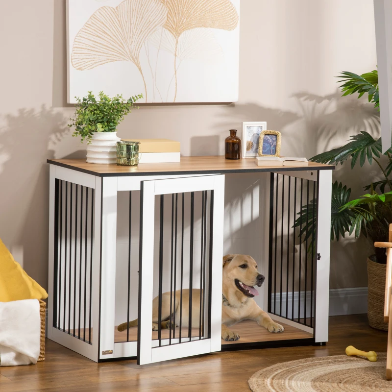 PawHut Cage pour Chien, Maison pour Animaux de Compagnie pour Grands Chiens, Niche pour Chien, Intérieur, 106 x 60 x 76 cm, Chêne+Blanc