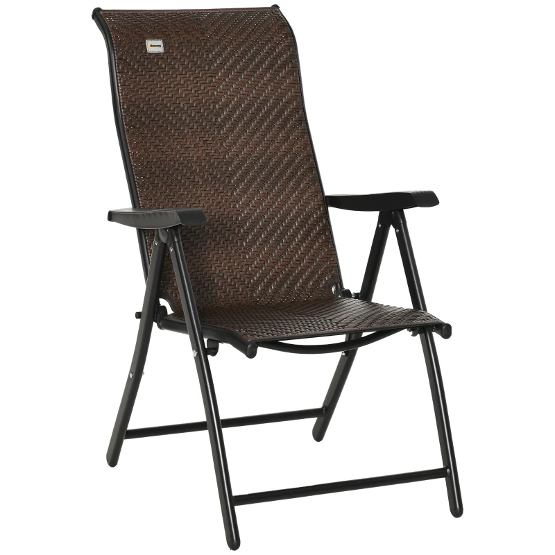 Outsunny Chaise de Jardin pliable en Polyrotin avec dossier réglable sur 7 niveaux Chaise pliante avec accoudoir pour Jardin Balcon et Terrasse Marron+Noir 58 x 71 x 111 cm