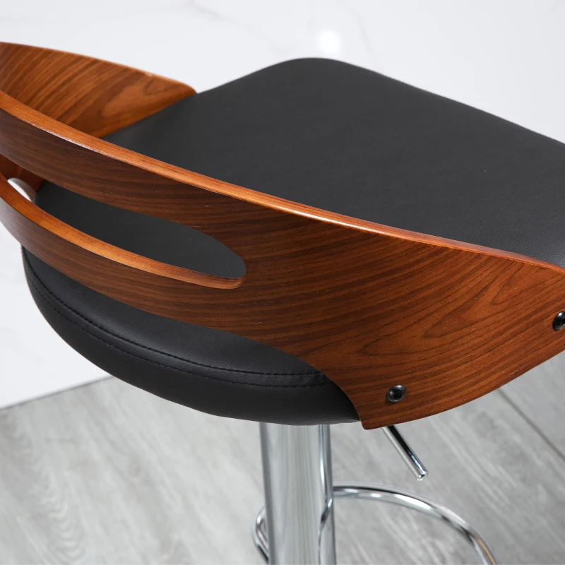 HOMCOM Set mit 2 zeitgenössischen Design-Barhockern Höhenverstellbar 360° drehbar synthetisches Leder Schwarz Rückenlehne mit Holzoptik