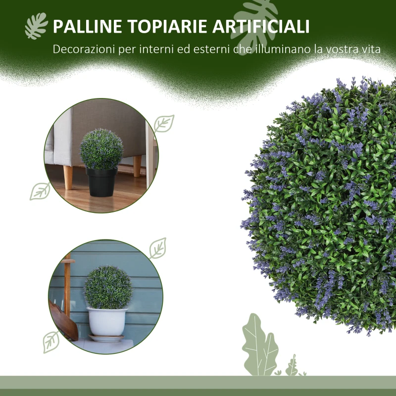 HOMCOM Set di 2 Piante Artificiali a Sfera con Fiori di Lavanda per Casa e Giardino Ø42 cm, Verde e Viola