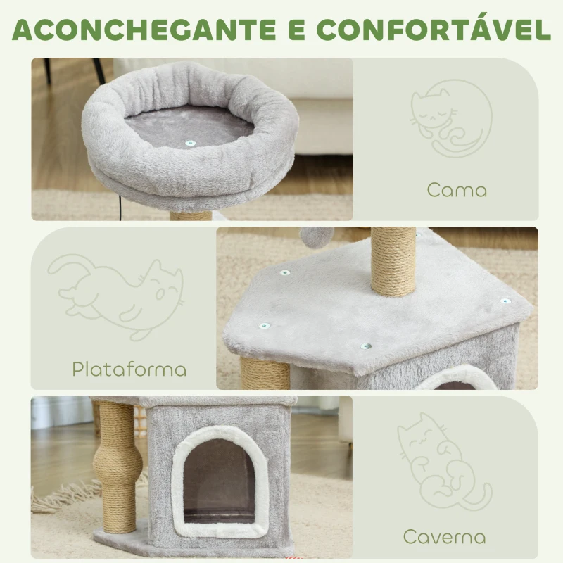 PawHut Arranhador para Gatos com Cama Caverna Plataforma Bola Suspensa e Poste de Juta 42x30x66 cm Cinza e Bege