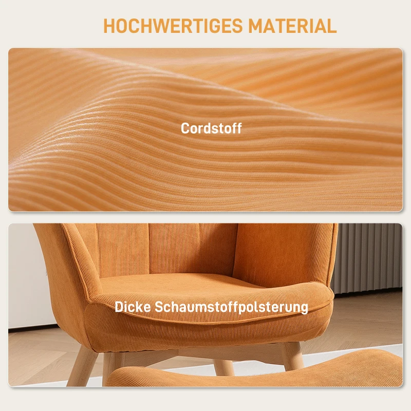 HOMCOM Accentstoel met Kruk, Relaxstoel in Corduroy-Look, Stoel met Armleuningen en Houten Poten, voor Woonkamer, Bruin(m-4)