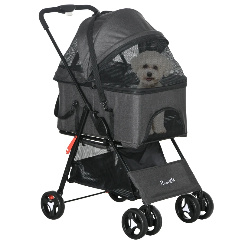 PawHut Hundekinderwagen 3-in-1 klappbarer Transportkorb mit abnehmbarem Griff Kissen 76 x 51 x 100 cm Grau