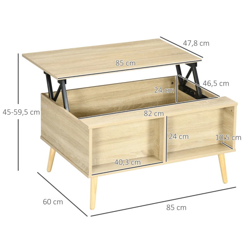 HOMCOM Rechteckiger Couchtisch Wohnzimmertisch klappbares Tablett 2 Fächer Truhe aus Holzmaßen 85L x 60B x 59,5H cm helle Holzoptik
