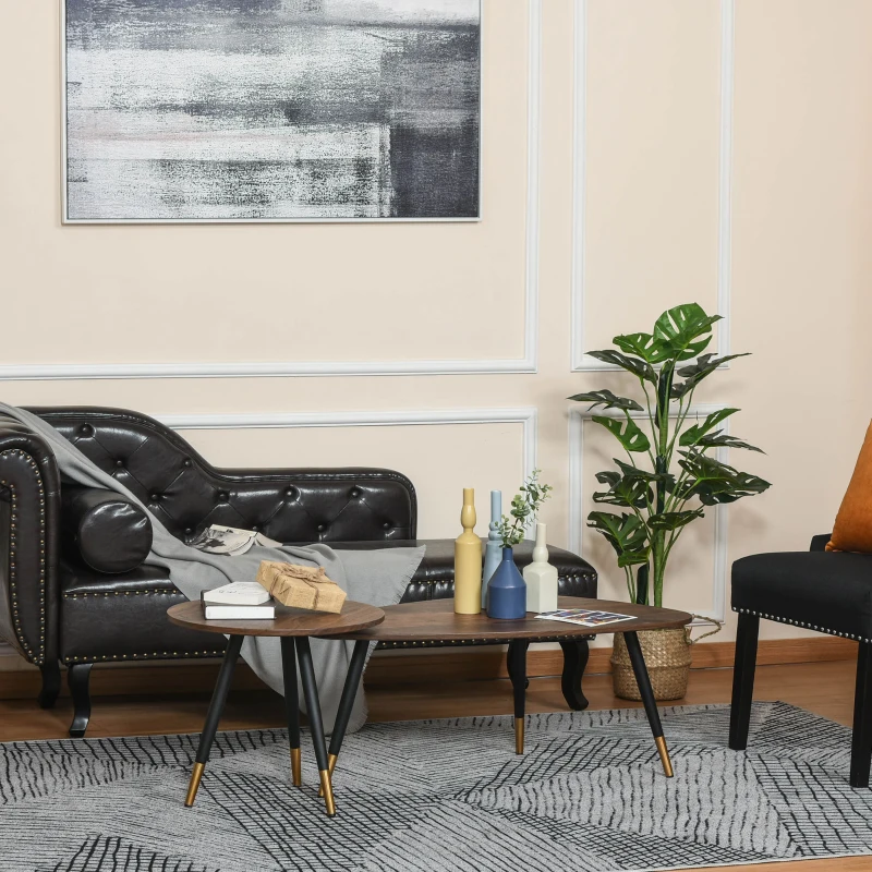 HOMCOM Set mit 2 Art-Déco-Couchtischen, schräge, schwarz-metallene Beine, goldene Enden, dunkle Teakholz-MDF-Platten