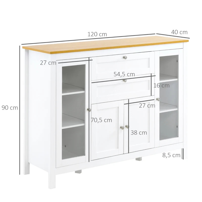 HOMCOM Buffet Esszimmer mit 2 Glastüren 120 x 40 x 90 cm Höhenverstellbare Regale 2 Schubladen 1 Schrank Naturholz und Weiß