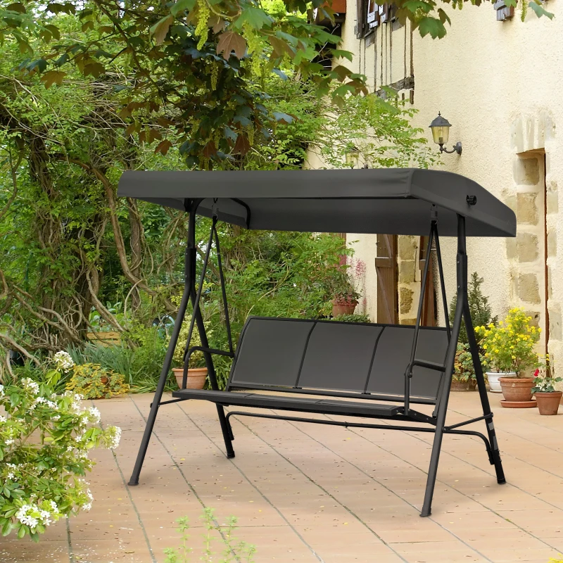 Outsunny Gartenschaukel 3-Sitzer Grand Confort Verstellbares Sonnendach Ergonomische Sitz- und Rückenlehne Epoxidharzstahl Textilene Schwarz