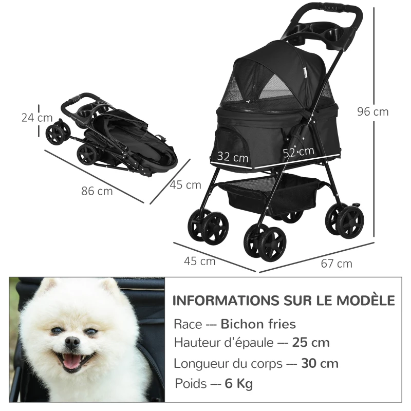 PawHut Faltbarer Hundekinderwagen Buggy für Katzen mit Aufbewahrungskorb, Getränkehalter, 300D Oxford Gewebe wasserdicht, 4 Räder Schwarz
