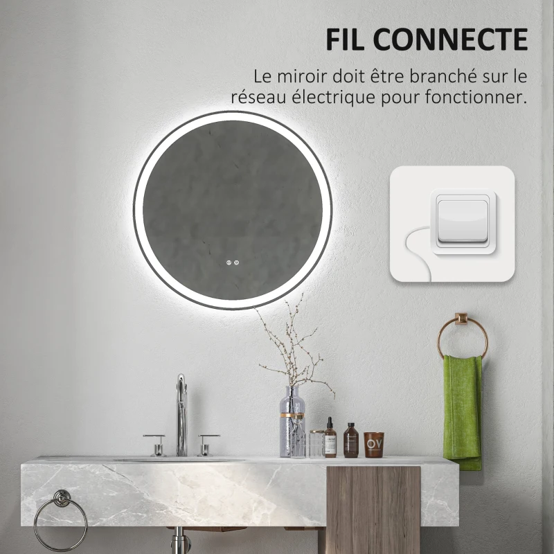 kleankin Runder LED-Badezimmerspiegel Ø 70 cm Wandmontage mit Beleuchtung 3 Farben Touch-Schalter 23W Weiß Silber