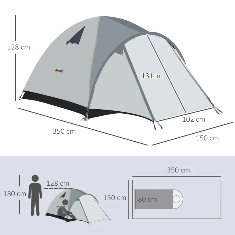 Outsunny Campingzelt für 3-4 Personen wasserdicht doppellagige Mesh-Fenster tragbar 350 x 150 x 128 cm Grau