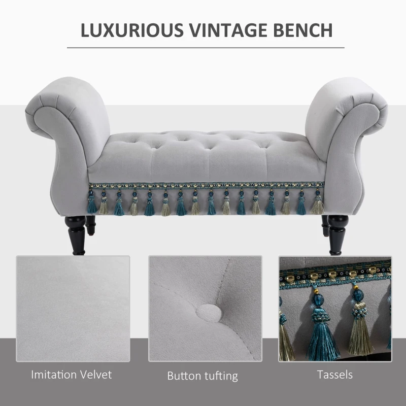 HOMCOM Vintage Bed End Bench with Armrest Tufted Footrest Stool Upholstered Bedroom Imitation Velvet Grey 117 x 40 x 58 cm