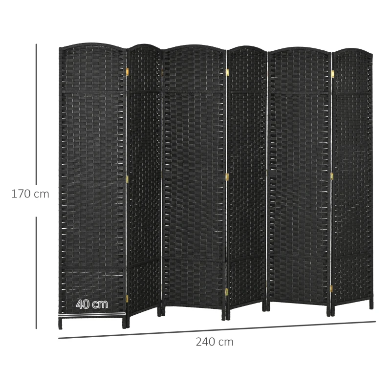 HOMCOM Biombo de 6 Painéis Separador de Ambientes Dobrável 240x170 cm para Sala de Estar Dormitório Escritório Preto
