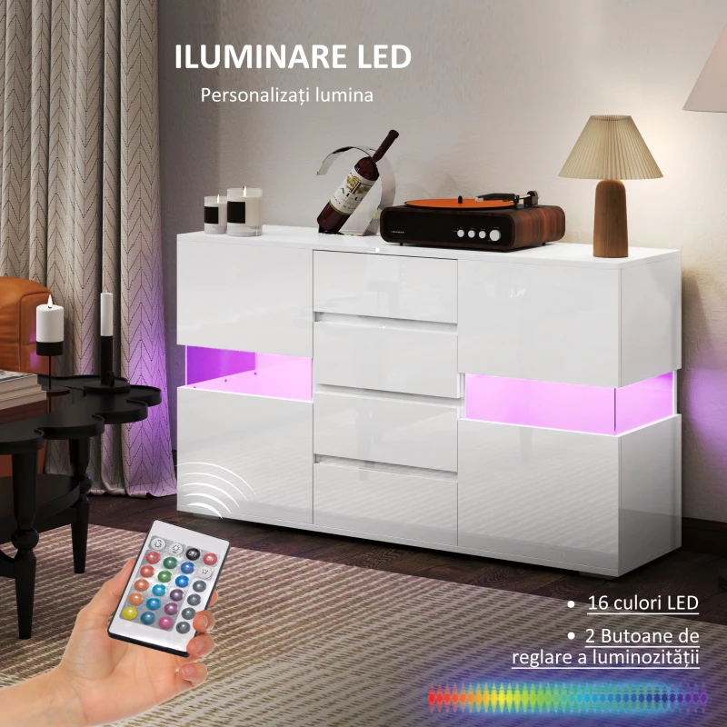 HOMCOM Bufet cu Lumini LED Reglabile prin Telecomandă, Mobilier de Sufragerie cu 4 Sertare și 2 Dulapuri, 120x34x70 cm, Alb