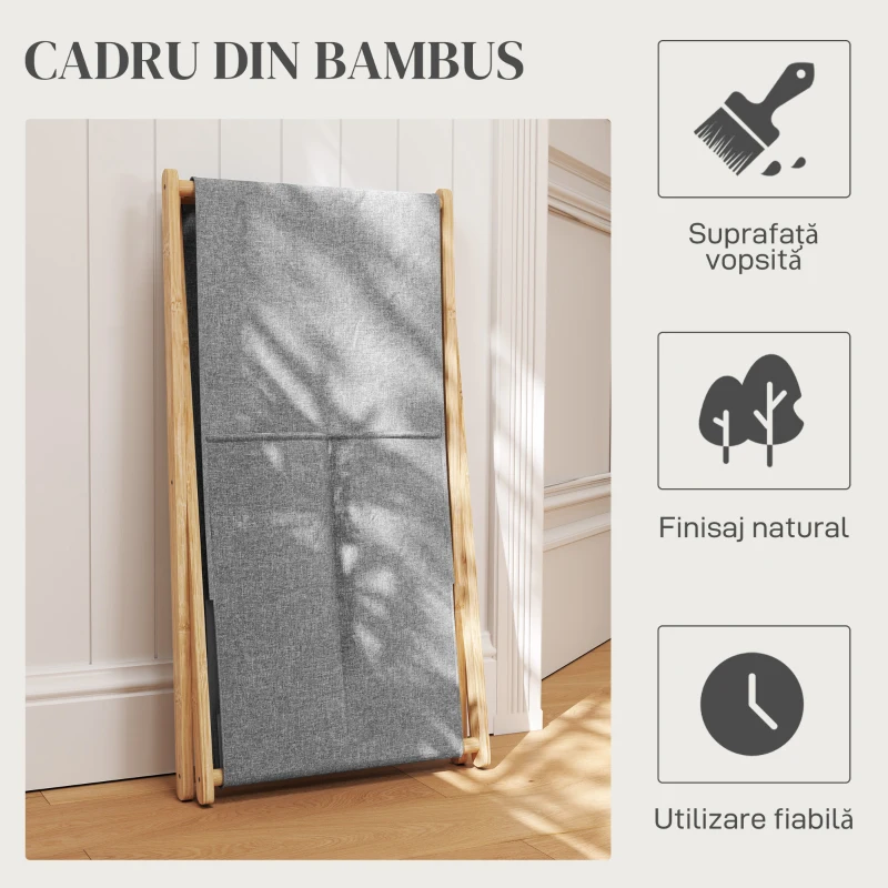 HOMCOM Coș Pliabil pentru Rufe 55L din Material Textil și Cadru din Bambus pentru Cameră și Spălătorie, 41x41x64 cm, Gri