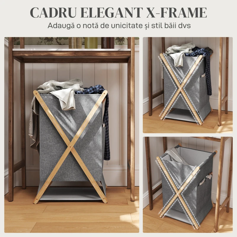 HOMCOM Coș Pliabil pentru Rufe 55L din Material Textil și Cadru din Bambus pentru Cameră și Spălătorie, 41x41x64 cm, Gri
