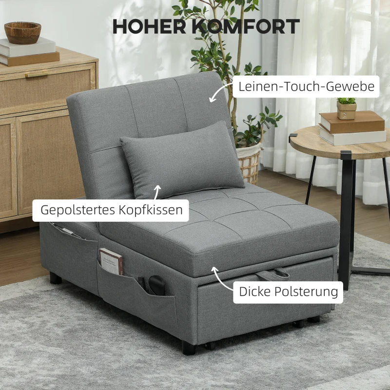 HOMCOM 3-in-1 Opklapbare Fauteuil met Zijvak, Gastenbed met Kussen, Verstelbare Rugleuning, Slaapstoel met Wielen, Lichtgrijs