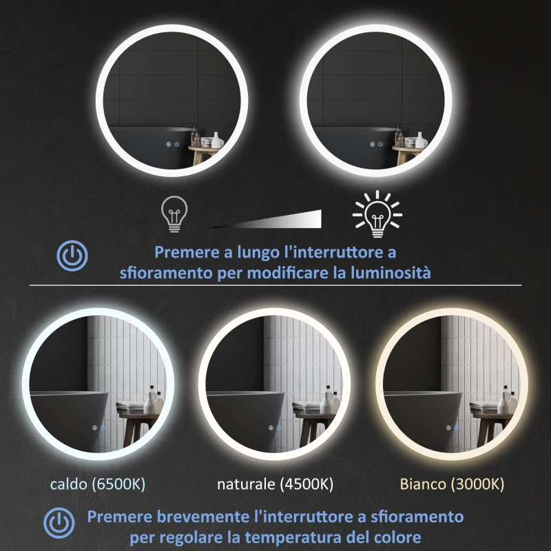 kleankin Specchio Bagno LED Antiappannamento con 3 Colori e Luminosità Regolabile, in Metallo e Vetro, Ø70x3 cm
