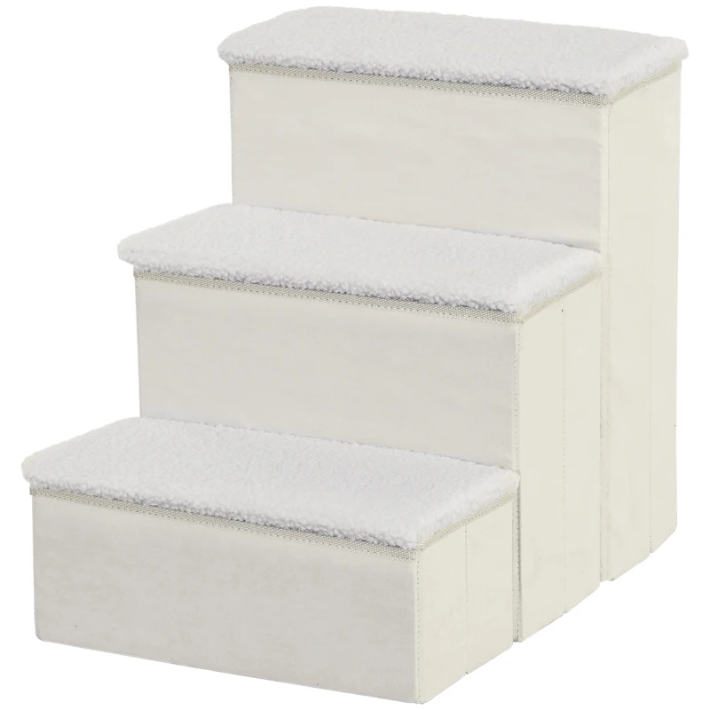PawHut 3-Step Foldable Pet Steps Pet Stairs with Fleece Cover and Storage