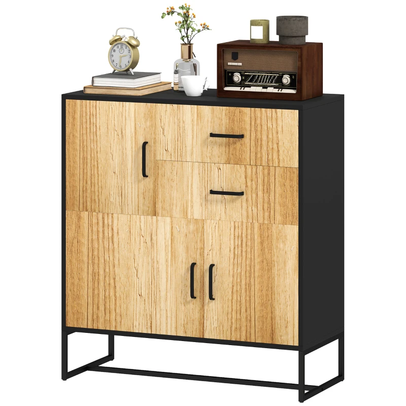 HOMCOM Bufet Modern de Depozitare cu 3 Dulapuri și 2 Sertare din Pal Melaminat și Oțel, 80x35x88 cm, Lemn Natural(m-10)